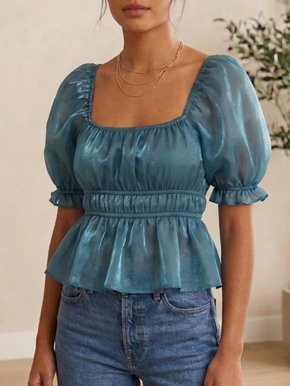 Sheer Teal Square-Neck Puff Sleeve Peplum Blouse